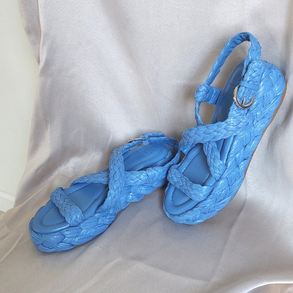 Marc Fisher‎ Shoes, Sz 7, Platform Sandals, Sky Blue Raffia, Silver Buckle, NEW! - Picture 5 of 5